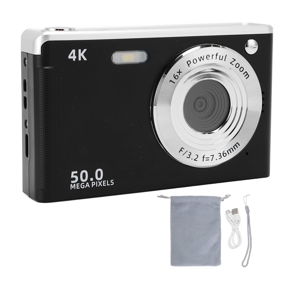 HURRISE Digital Camera with Fill Light, Portable Point and Shoot Student Digital Camera, 4K 50MP 2.8 Inch Screen 16x Zoom Anti Shake AF Autofocus Camera for Portrait Landscape (Black)
