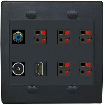 2 Gang Spring Clip Style 5.1 Speaker Wall Plate With 1 Port HDMI TOSLINK RCA Connectors - Flat 2 Gang [Black/Black]