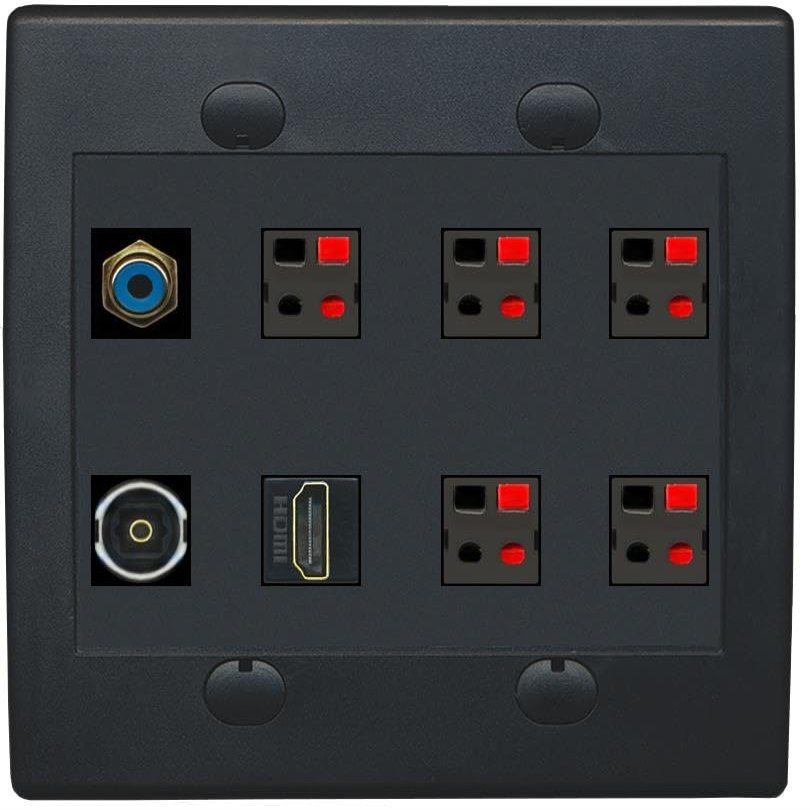 2 Gang Spring Clip Style 5.1 Speaker Wall Plate With 1 Port HDMI TOSLINK RCA Connectors - Flat 2 Gang [Black/Black]