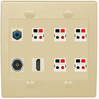 2 Gang Spring Clip Style 5.1 Speaker Wall Plate With 1 Port HDMI TOSLINK RCA Connectors - Flat 2 Gang [Ivory/Ivory]