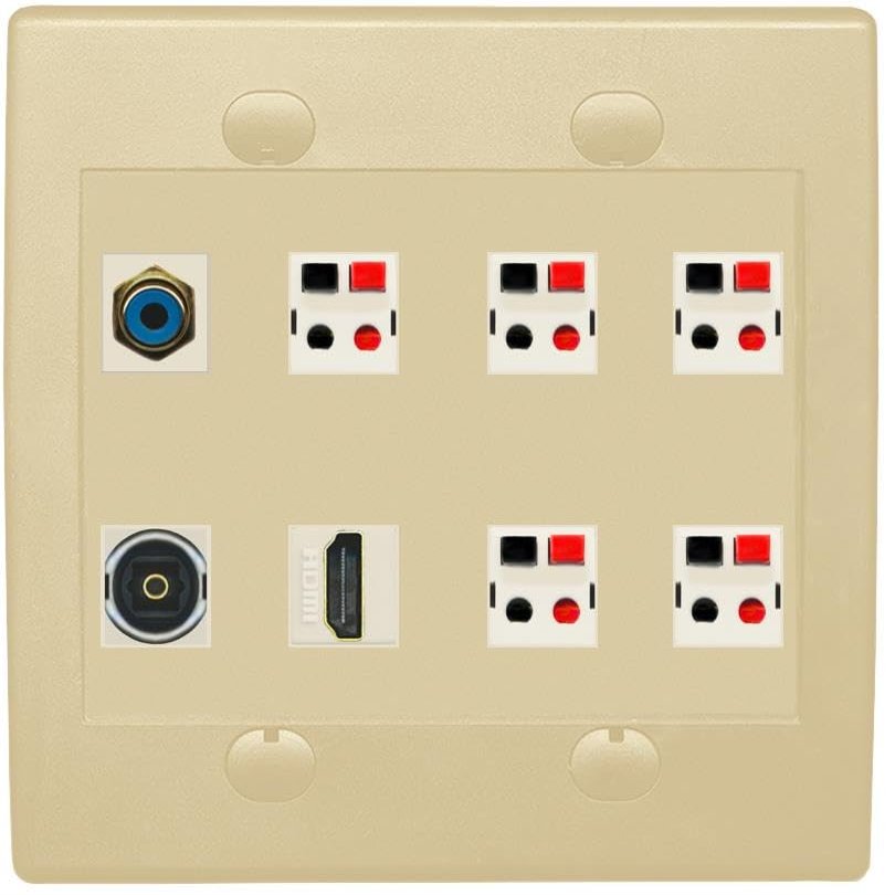 2 Gang Spring Clip Style 5.1 Speaker Wall Plate With 1 Port HDMI TOSLINK RCA Connectors - Flat 2 Gang [Ivory/Ivory]