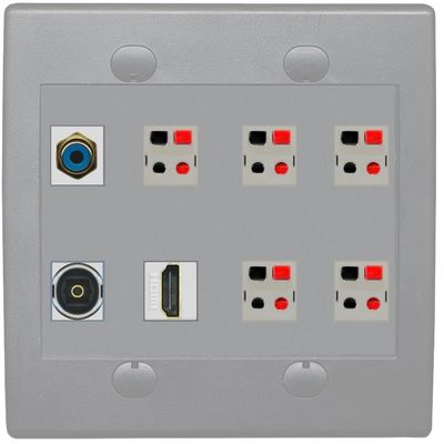 2 Gang Spring Clip Style 5.1 Speaker Wall Plate With 1 Port HDMI TOSLINK RCA Connectors - Flat 2 Gang [Gray/Gray]