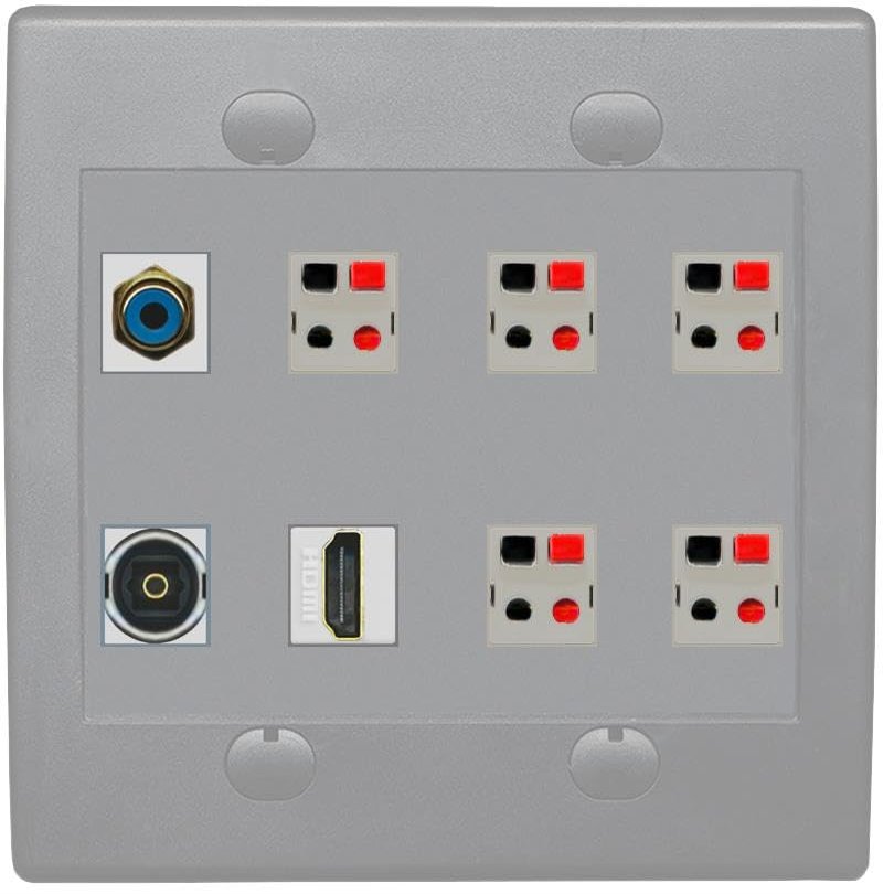 2 Gang Spring Clip Style 5.1 Speaker Wall Plate With 1 Port HDMI TOSLINK RCA Connectors - Flat 2 Gang [Gray/Gray]