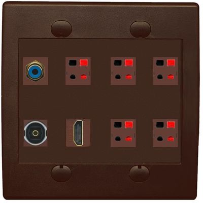2 Gang Spring Clip Style 5.1 Speaker Wall Plate With 1 Port HDMI TOSLINK RCA Connectors - Flat 2 Gang [Brown/Brown]