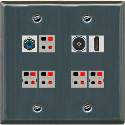 2 Gang Spring Clip Style 5.1 Speaker Wall Plate With 1 Port HDMI TOSLINK RCA Connectors - Flat 2 Gang [Stainless Steel]