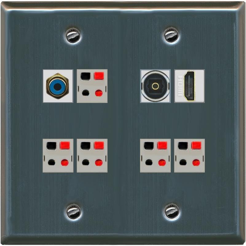 2 Gang Spring Clip Style 5.1 Speaker Wall Plate With 1 Port HDMI TOSLINK RCA Connectors - Flat 2 Gang [Stainless Steel]