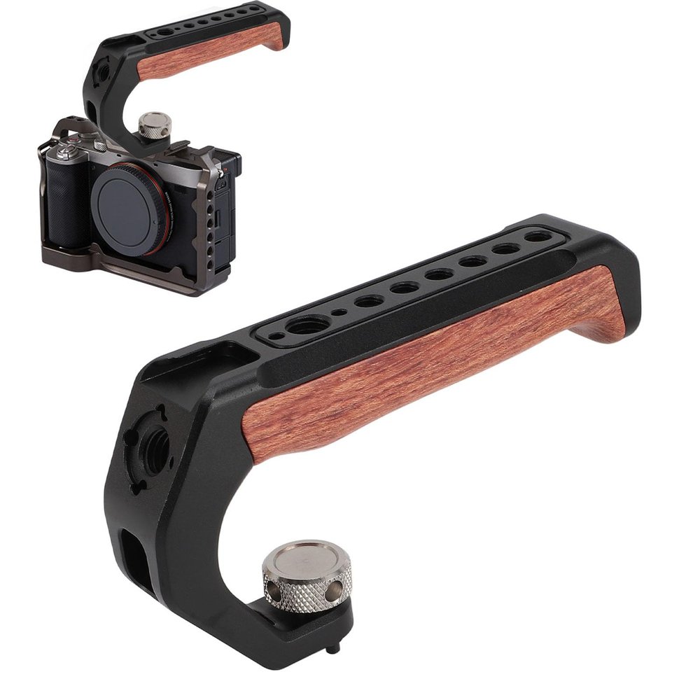 Camera Top Handle with 3 Cold Shoes, Ergonomic Lightweight Cold Shoe Top Handle, Aluminum Alloy Wooden Grip for DSLR Camera Cage