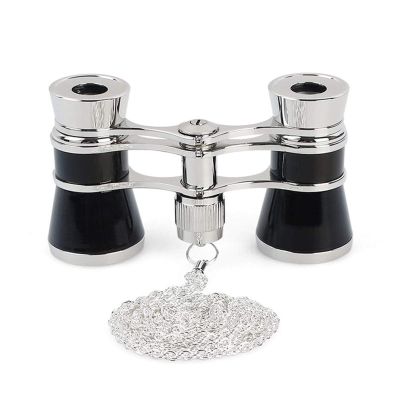 Portable Monocular 3X25 Opera Glasses Binoculars Metal Body with Chain/Handle Optical Lens Theater Telescope Retro Design Women Girls Gift (Black with Chain)