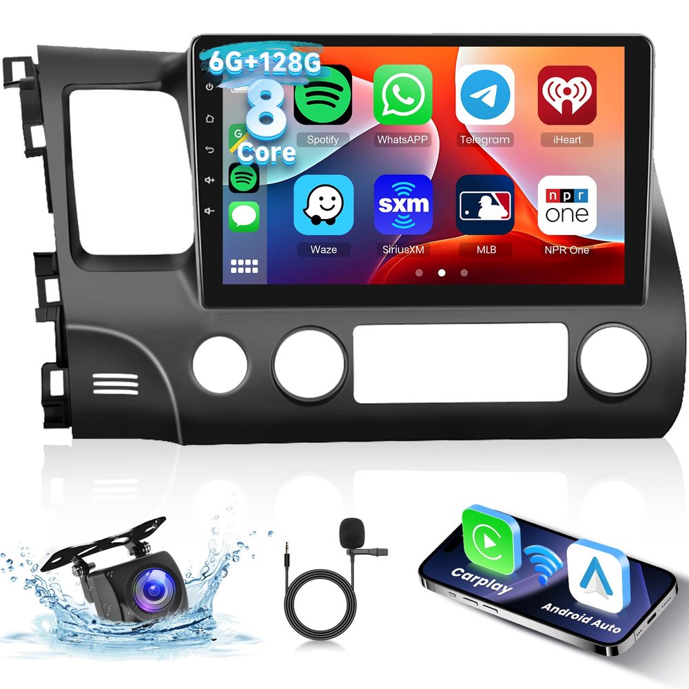 [6G+128G] 8-Core Car Radio for Honda Civic 2006-2011 Android Car Stereo with Bluetooth GPS,Hodozzy 10.1 Inch Touch Screen with Wireless Carplay Android Auto,WiFi USB,DSP,FM RDS