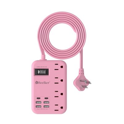 6 USB(2 USB C) Pink Extension Cord- 5Ft Travel Power Strip with 24W USB Charging Station and 4 Outlets, Pink Desk Accessories with Surge Protector for Cute Kawaii Gifts College Dorm Desk