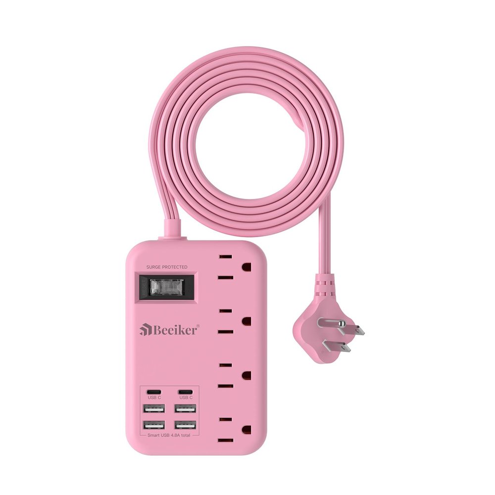 6 USB(2 USB C) Pink Extension Cord- 5Ft Travel Power Strip with 24W USB Charging Station and 4 Outlets, Pink Desk Accessories with Surge Protector for Cute Kawaii Gifts College Dorm Desk