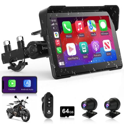 7 Inch Motorcycle Carplay Motorcycle w Dual 2K Dash Cam Wireless Apple Carplay Android Auto Screen with GPS Navigation for Motorcycles Voice Control Light Sensor Bluetooth TF-64G IP67 Waterproof