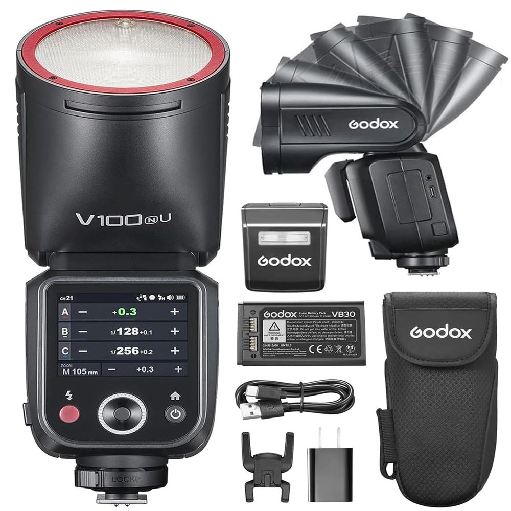 Godox V100-N V100N TTL Camera Flash, Godox V1Pro-N Upgrade, OLED Screen and SU-1, 2.4G HSS 1/8000S Li-ion 7.2V/2980mah,100ws Round Head Flash for Nikon Cameras