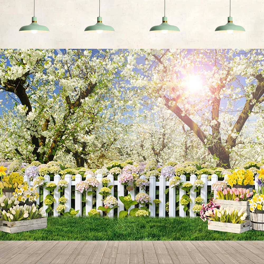 12x10ft Spring Garden Backdrop Blooming Flower Forest Fence Nature Scenery Background Birthday Wedding Bridal Shower Party Supplies Photography Kids Adult Portrait Outdoor Photo Studio Props