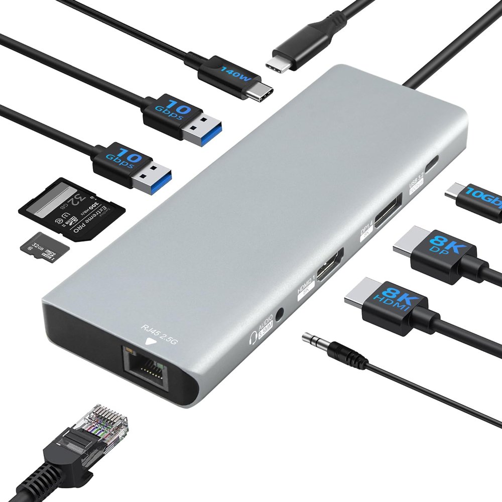 10-in-1 USB C Docking Station, 140W PD3.1, 8K HDMI 2.1, DP1.4, 2.5G Ethernet, USB 3.2 10Gbps, SD/TF, Audio Jack, Dual 4K@60Hz Display Hub for MacBook, Windows, Steam Deck, Switch (UC-U4)