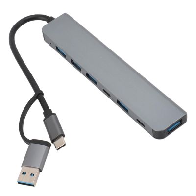 7 in 1 USB Type C Hub with Aluminium Alloy, Including 5 USB Ports and 2 Type C Ports Adapter, Compatible with Phones, Computers, Tablets, and Laptops