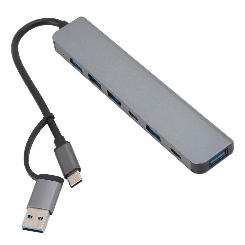 7 in 1 USB Type C Hub with Aluminium Alloy, Including 5 USB Ports and 2 Type C Ports Adapter, Compatible with Phones, Computers, Tablets, and Laptops