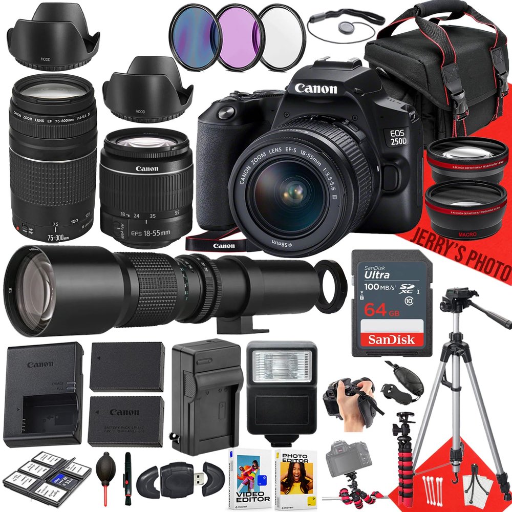 Canon EOS 250D / Rebel SL3 DSLR Camera with EF-S 18-55mm f/3.5-5.6 III DC, EF 75-300mm f/4-5.6 III and 500mm f/8.0 Preset Telephoto Lens + 128 GB Memory + Filters + More (37pc Bundle) (Renewed)