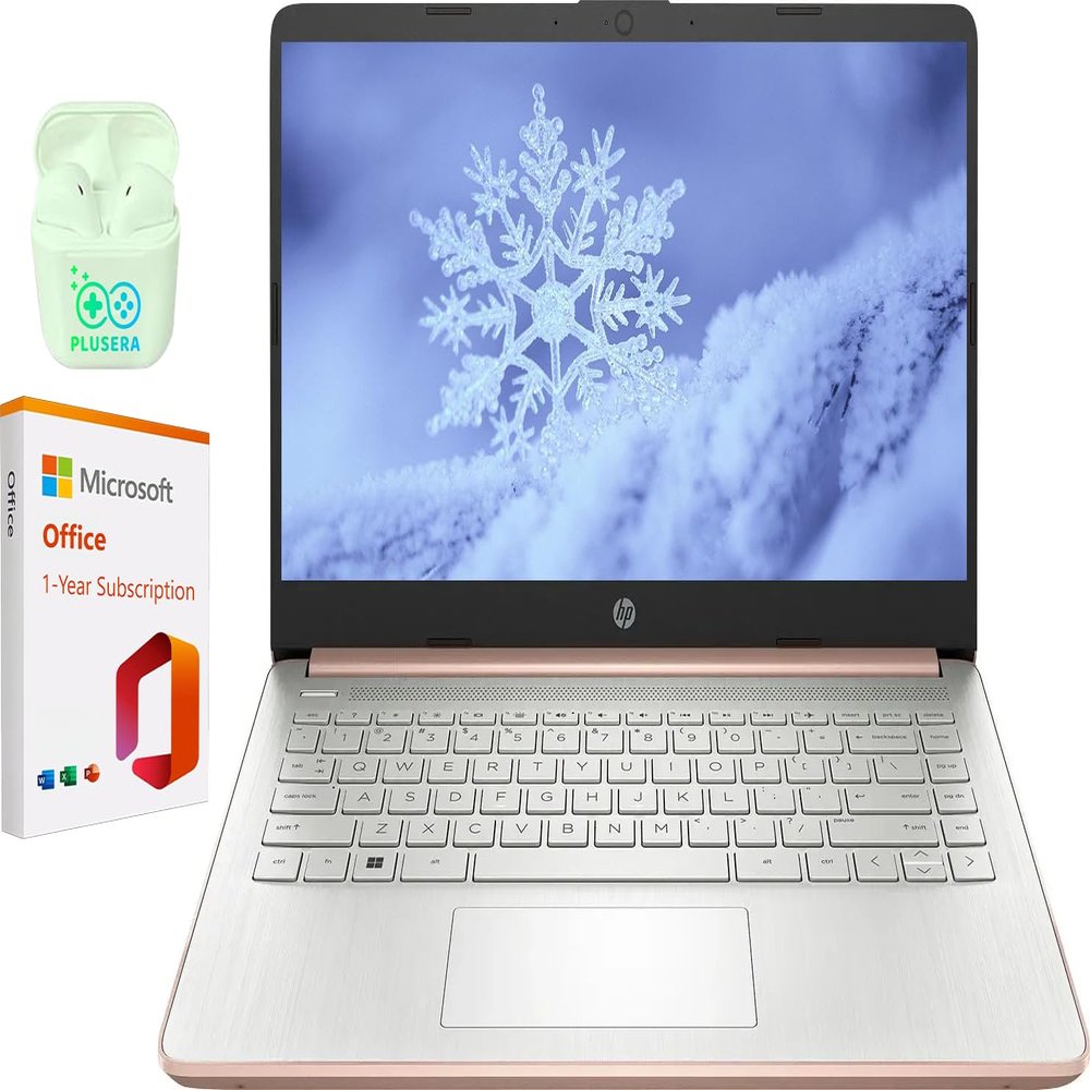 HP 14" LED Business Laptop Computer, Intel Quad-Core N4120, Windows 11 S Laptop with 1-Year Microsoft Office 365, PLUSERA Earphones (Rose Gold, 16GB RAM | 64GB eMMC+256GB SD Card)