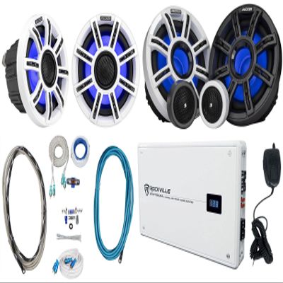 Audiosavings Bundle: (2) Kicker 51MSC65 MSC65 6.5" 200W Marine Speakers 4-Ohm Bundle with (2) Component Speakers, Rockville 2400w Peak 4-Ch Marine Amp, Amp Install Wire Kit, Pair RCA Cable (8 Items)