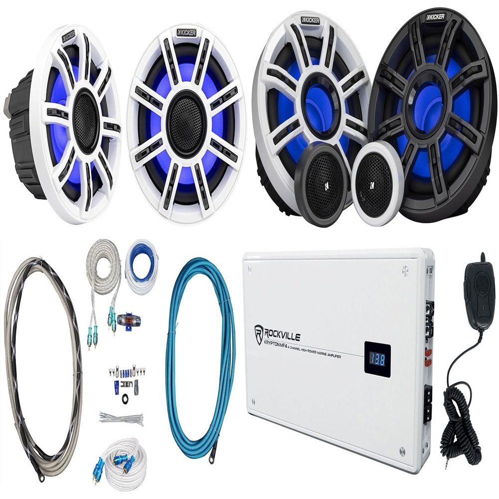 Audiosavings Bundle: (2) Kicker 51MSC65 MSC65 6.5" 200W Marine Speakers 4-Ohm Bundle with (2) Component Speakers, Rockville 2400w Peak 4-Ch Marine Amp, Amp Install Wire Kit, Pair RCA Cable (8 Items)