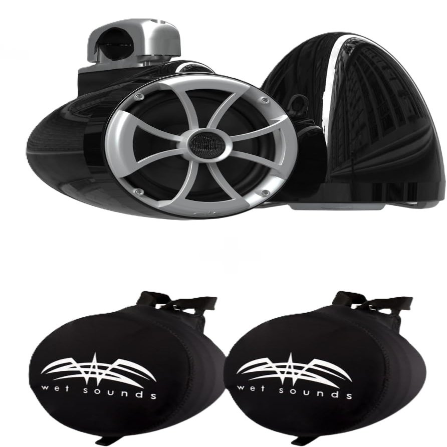 Wet sounds ICON8 Black V2 ICON Series 8" Black Tower Speakers with Silver Aluminum Fixed Clamp & Pair of Suitz8