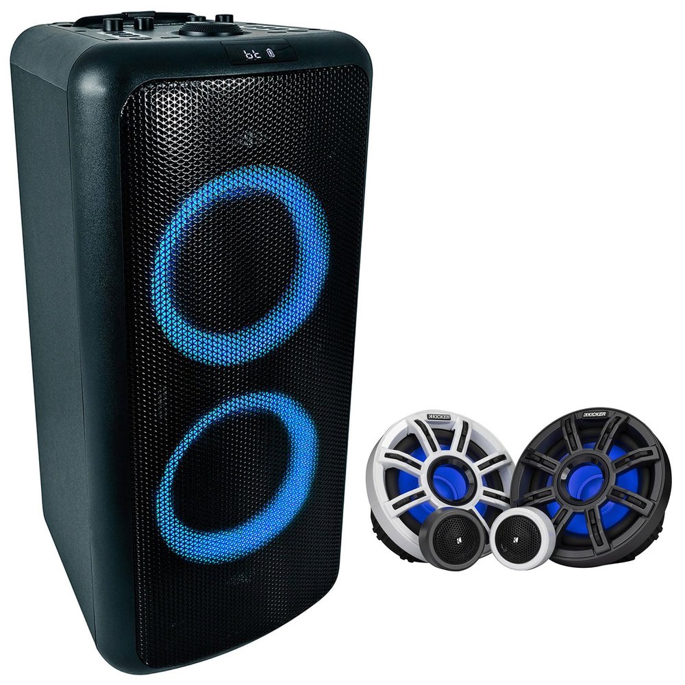 Audiosavings Bundle: Pair Kicker 51MSS65 6.5" 200 Watt Premium Marine Component Speakers 4-Ohm Bundle with Rockville Elite Party 65 Bluetooth Party Speaker Extremely Loud+Karaoke Effects (3 Items)