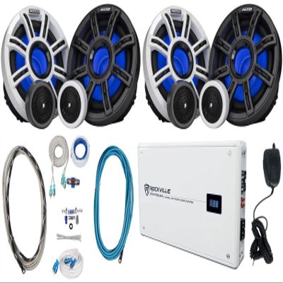 Audiosavings Bundle: (4) KICKER 51MSS65 6.5" 200W Premium Marine Component Speakers 4-Ohm MSS65 Bundle with Rockville 2400w Peak 4-Ch Marine Amp, Amp Install Wire Kit, Twisted Pair RCA Cable (8 items)
