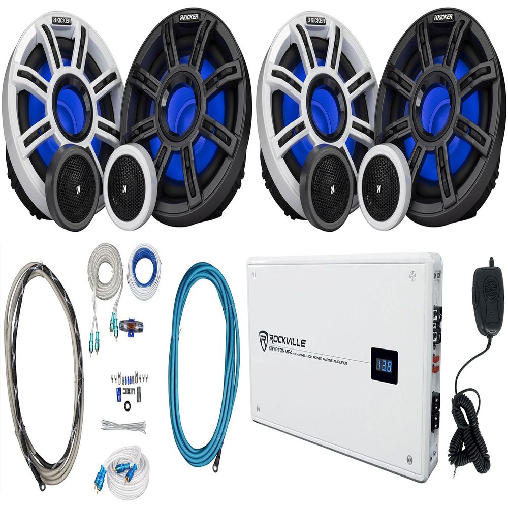 Audiosavings Bundle: (4) KICKER 51MSS65 6.5" 200W Premium Marine Component Speakers 4-Ohm MSS65 Bundle with Rockville 2400w Peak 4-Ch Marine Amp, Amp Install Wire Kit, Twisted Pair RCA Cable (8 items)