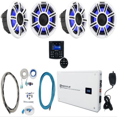 Audiosavings Bundle: (4) Kicker 51MSC65 MSC65 6.5" 200W Marine Speakers Bundle with Rockville 2400w Peak 4-Ch Marine Amp, Amp Install Wire Kit, Pair RCA Cable, Marine Gauge Hole Receiver (9 Items)