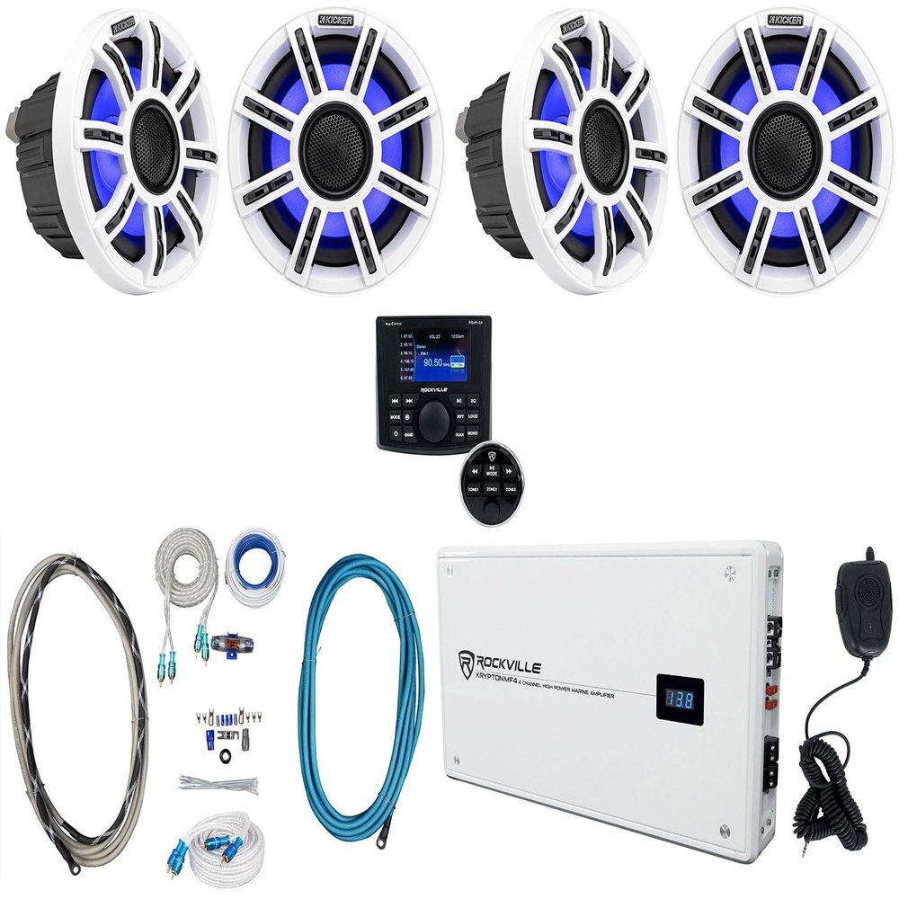 Audiosavings Bundle: (4) Kicker 51MSC65 MSC65 6.5" 200W Marine Speakers Bundle with Rockville 2400w Peak 4-Ch Marine Amp, Amp Install Wire Kit, Pair RCA Cable, Marine Gauge Hole Receiver (9 Items)