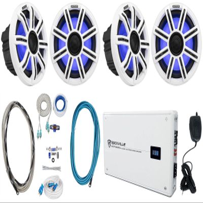 Audiosavings Bundle: (4) Kicker 51MSC8 MSC84 8" 400 Watt Premium Marine Boat Speakers 4-Ohm Bundle with Rockville 2400w Peak 4-Ch Marine Amp, Amp Install Wire Kit, Twisted Pair RCA Cable (8 Items)
