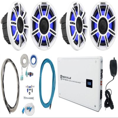 Audiosavings Bundle: (4) Kicker 51MSC65 MSC65 6.5" 200 Watt Premium Marine Speakers 4-Ohm, Rockville 2400w Peak 4-Ch Marine Amp, Amp Install Wire Kit, 25-Foot Twisted Pair Marine RCA Cable (8 Items)