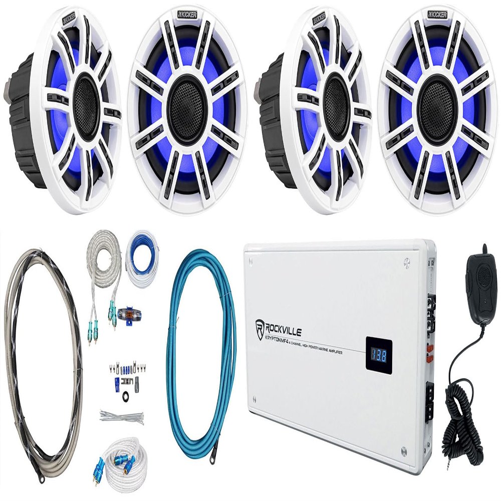 Audiosavings Bundle: (4) Kicker 51MSC65 MSC65 6.5" 200 Watt Premium Marine Speakers 4-Ohm, Rockville 2400w Peak 4-Ch Marine Amp, Amp Install Wire Kit, 25-Foot Twisted Pair Marine RCA Cable (8 Items)