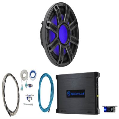 Audiosavings Bundle: Kicker 51MWF124 12" 450W RMS Marine Boat Free Air Subwoofer 4-Ohm Sub Bundle with Rockville 3000W Peak/750w RMS Mono Marine Amplifier 2 Ohm Amp, Amp Install Wire Kit (3 Items)