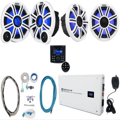 Audiosavings Bundle: (2) KICKER 51MSC8 8" 400W Marine Boat Speakers Bundle with (2) Component Speakers, Rockville Marine Amp, Amp Install Wire Kit, Pair RCA Cable, Marine Gauge Hole Receiver (9 items)