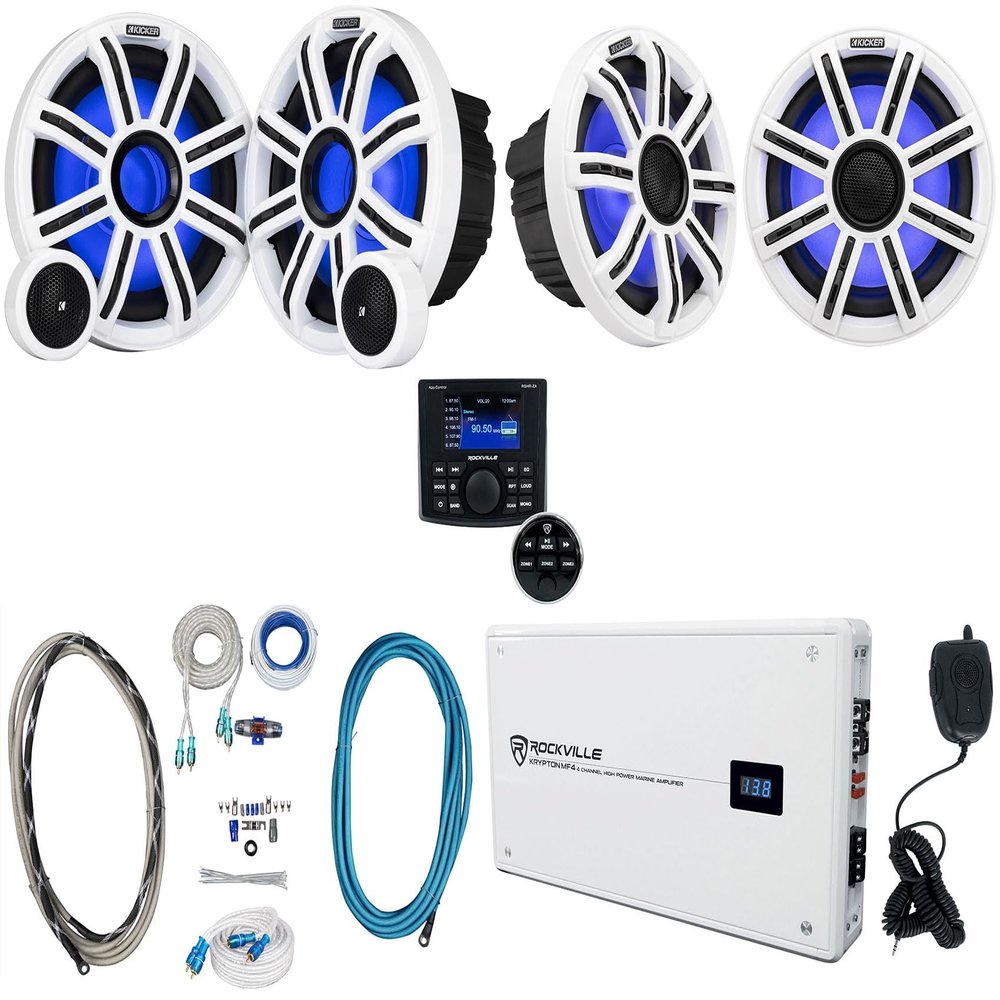 Audiosavings Bundle: (2) KICKER 51MSC8 8" 400W Marine Boat Speakers Bundle with (2) Component Speakers, Rockville Marine Amp, Amp Install Wire Kit, Pair RCA Cable, Marine Gauge Hole Receiver (9 items)