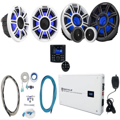 Audiosavings Bundle: (2) Kicker 51MSC65 6.5" Marine Speakers Bundle with (2) Component Speakers, Rockville 4-Ch Marine Amp, Amp Install Wire Kit, Pair RCA Cable, Marine Gauge Hole Receiver (9 Items)