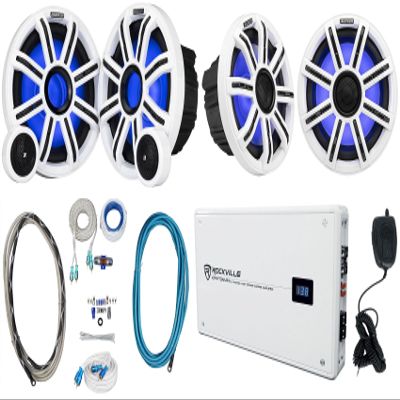 Audiosavings Bundle: (2) Kicker 51MSC8 MSC84 8" 400W Marine Boat Speakers Bundle with (2) Component Speakers, Rockville 2400w Peak Marine Amp, Amp Install Wire Kit, 25-Foot Pair RCA Cable (8 Items)