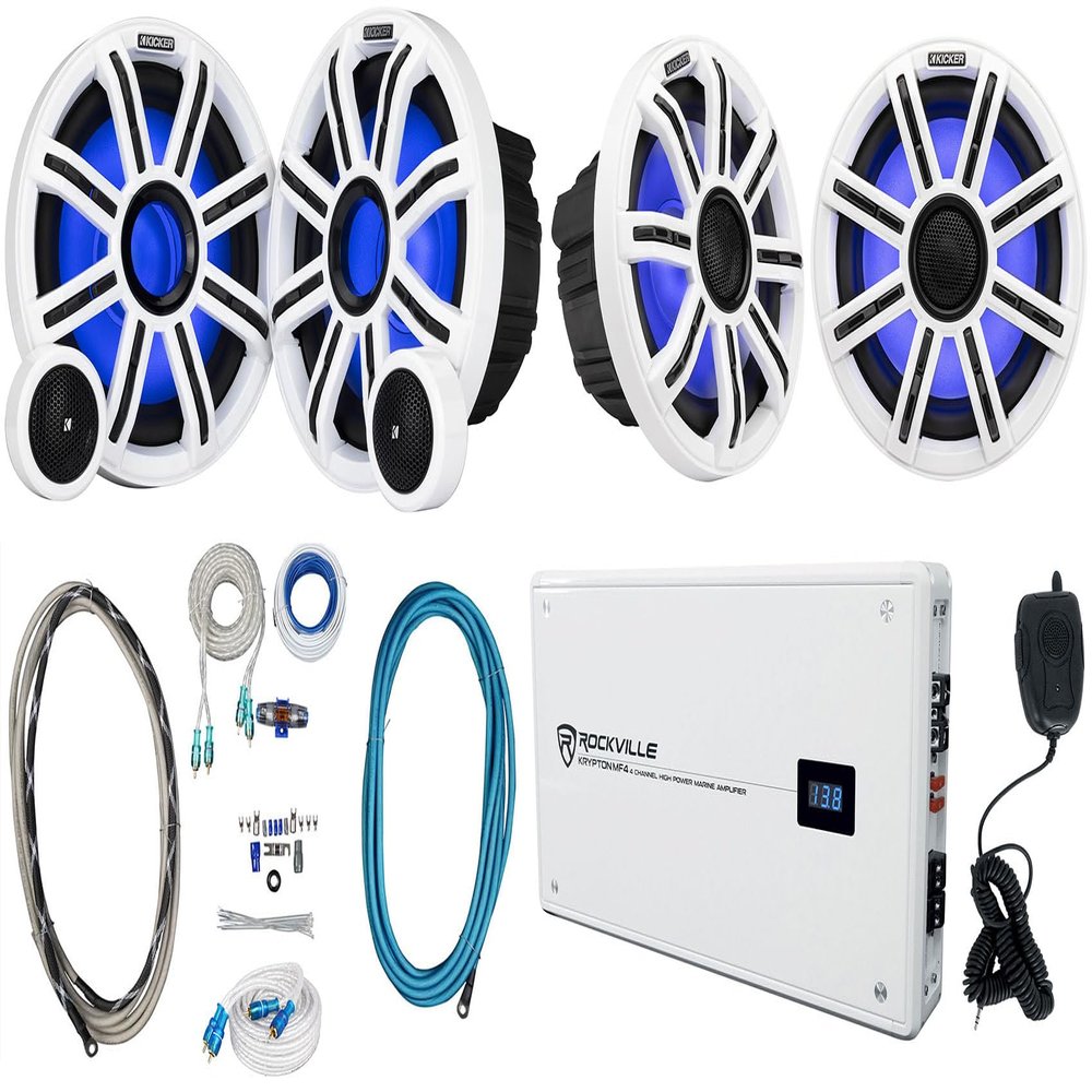 Audiosavings Bundle: (2) Kicker 51MSC8 MSC84 8" 400W Marine Boat Speakers Bundle with (2) Component Speakers, Rockville 2400w Peak Marine Amp, Amp Install Wire Kit, 25-Foot Pair RCA Cable (8 Items)