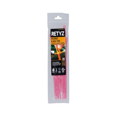 RETYZ 8-Inch Fluorescent Pink Reusable Releasable Cable Ties  20 Pack, 50 lb Strength, Patented Quick-Release, Tool-Free Design for Home, Office, and Light Industrial Use