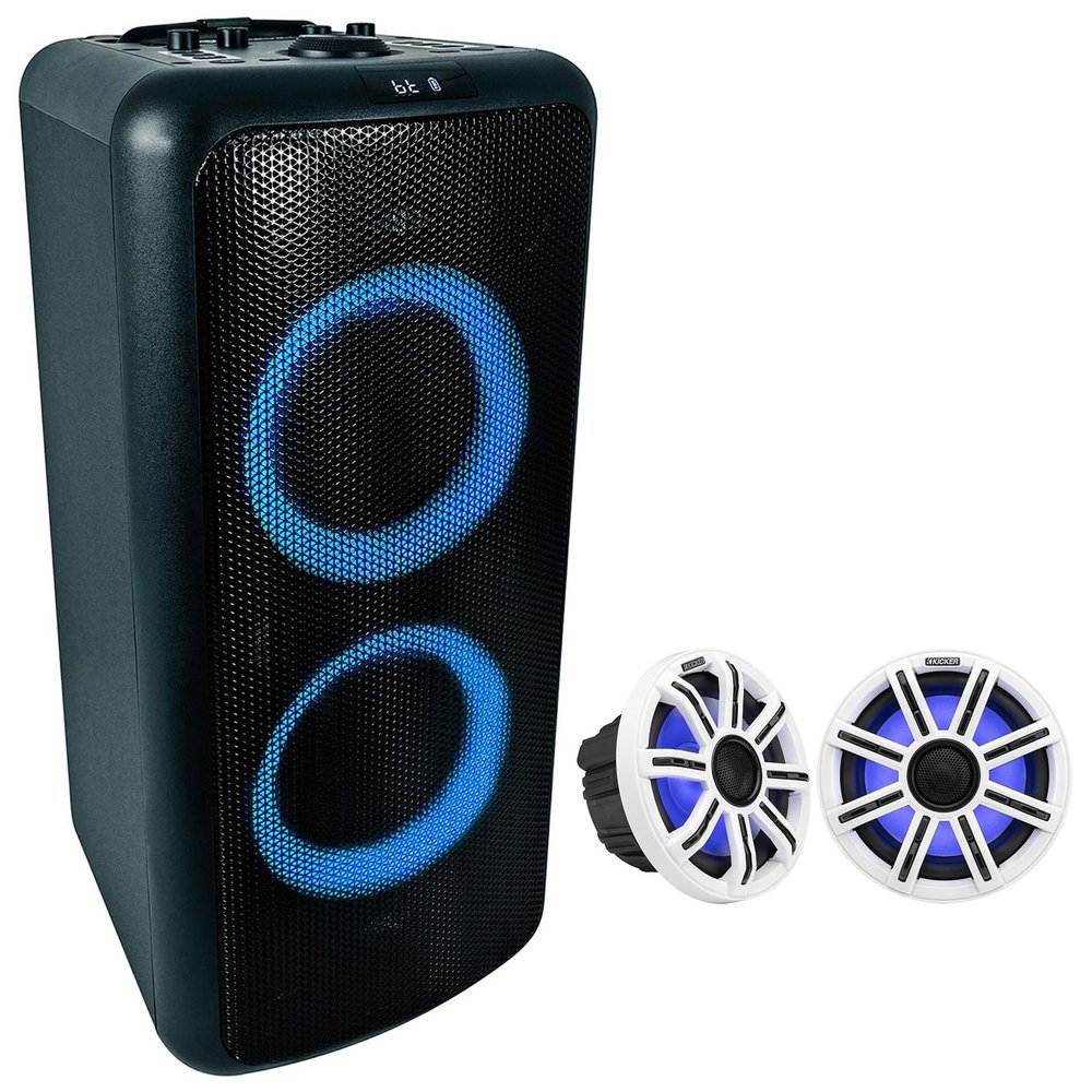 Audiosavings Bundle: Pair Kicker 51MSC8 MSC84 8" 400 Watt Premium Marine Boat Speakers 4-Ohm Bundle with Rockville Elite Party 65 Bluetooth Party Speaker Extremely Loud+Karaoke Effects (3 Items)