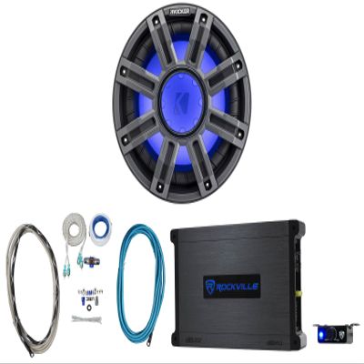 Audiosavings Bundle: Kicker 51MWE104 10" 400 Watt RMS Marine Boat Subwoofer 4-Ohm Sub Bundle with Rockville 3000W Peak/750w RMS Mono Marine Amplifier 2 Ohm Amp, Marine Amp Install Wire Kit (3 Items)