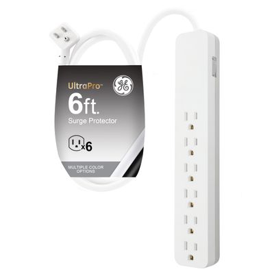 GE 6-Outlet Surge Protector, 6 Ft Extension Cord, 540 Joules, Power Strip, Flat Plug, Integrated Circuit Breaker, Wall Mount, ETL Listed, White, 83048