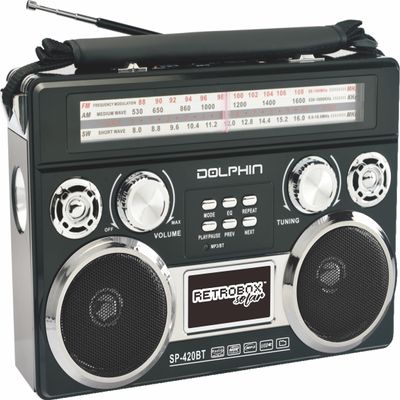 Dolphin SP-420BT Solar Rechargeable RETROBOX Portable Bluetooth Radio with Bluetooth, AM/FM/SW 3-Band Radio, MP3 Player, LED Flashlight, and Solar Charging - Black or Red (Black)