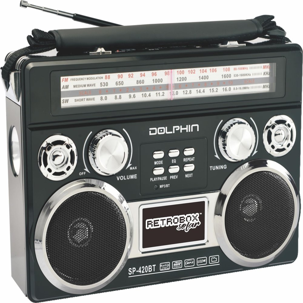 Dolphin SP-420BT Solar Rechargeable RETROBOX Portable Bluetooth Radio with Bluetooth, AM/FM/SW 3-Band Radio, MP3 Player, LED Flashlight, and Solar Charging - Black or Red (Black)