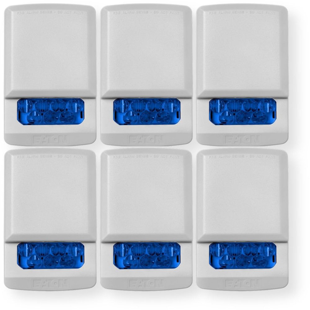 ELSTW-NB Pack of 6 Colored Lens Strobes, White; No Lettering; Blue Lens; LED; Wall Mounting; Indoor Use; 15/30/75/110/135/185 cd; 24V; Low-Profile Design; Mounting Plate Included