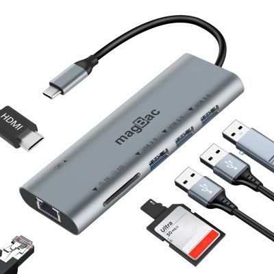 MagBac USB C Docking Station 7 in 1 USB C HUB Multiport Adapter with 3 5Gbps USB A Port, 1 HDMI 4K@30Hz, Gigabit Ethernet, SD/TF Card Slot for Windows and MacOS Laptop with Full-Featured Type C Port