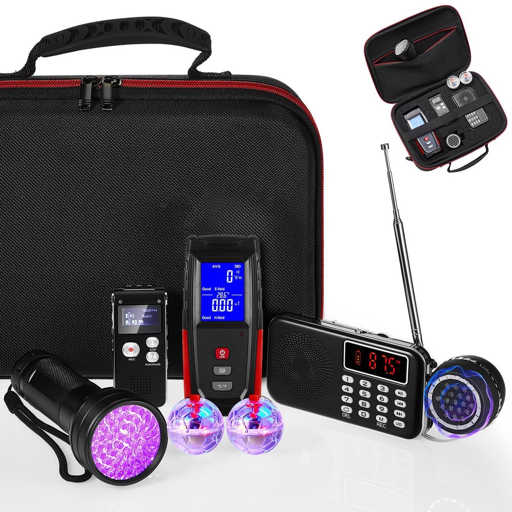 Dunzy 8 Pcs Ghost Hunting Equipment Kit, Include 1 Emf Meter 1 Spirit Ghost Hunting Research Case 1 Voice Recorders 1 Flashlight 1 Speaker 2 Motion Light up Cat Balls and 1 Fm Radio(Emf Meter 2)