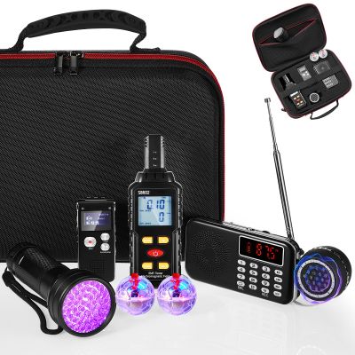 Dunzy 8 Pcs Ghost Hunting Equipment Kit, Include 1 Emf Meter 1 Spirit Ghost Hunting Research Case 1 Voice Recorders 1 Flashlight 1 Speaker 2 Motion Light up Cat Balls and 1 Fm Radio(Emf Meter 3)